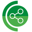 Green circle fading from a darker shade at the top to a lighter shade at the bottom. Inside there is a white line drawing of the sharing symbol - three circles connected by two lines in a triangle shape.